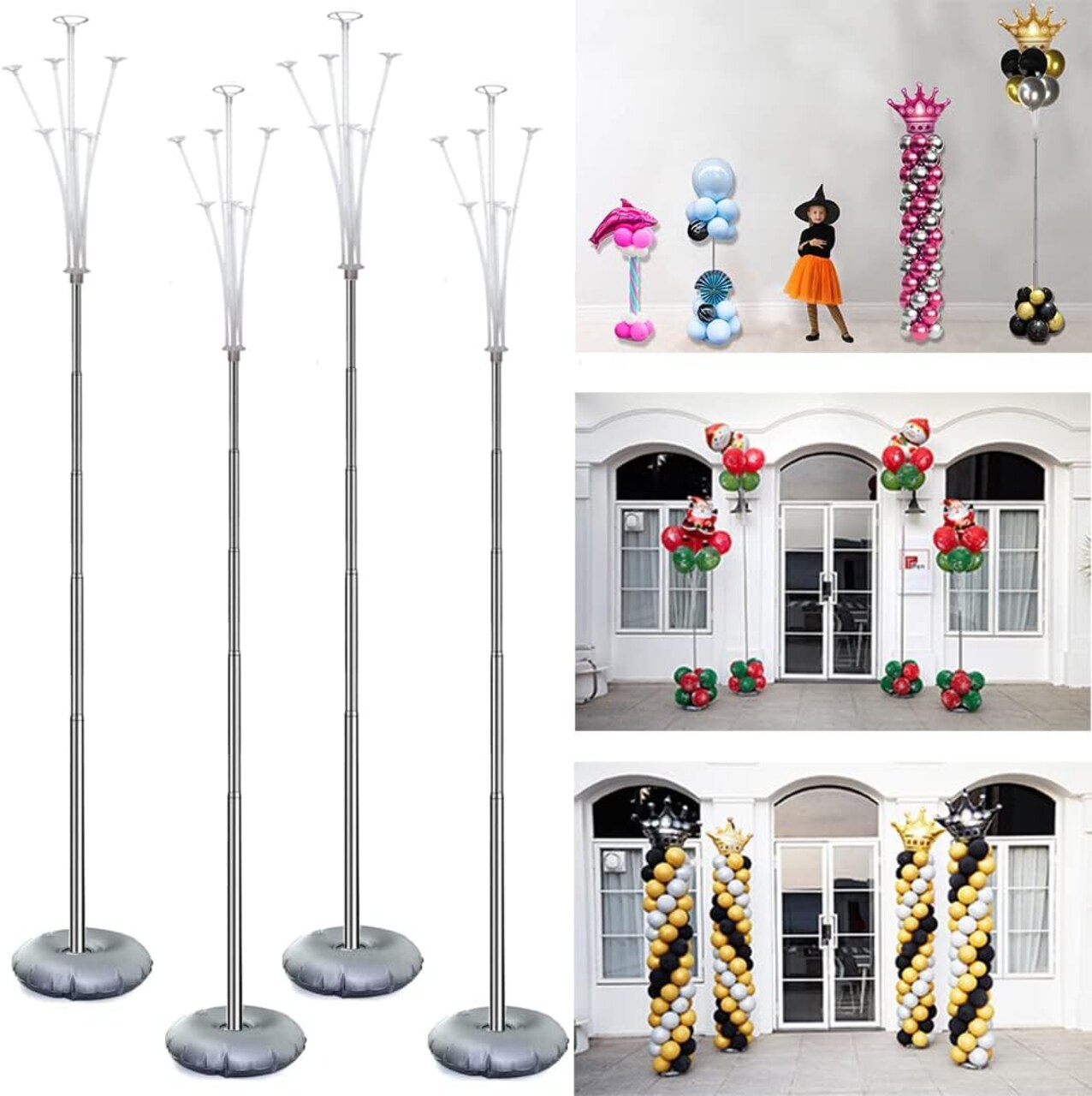4 Set Balloon Stand Kit, 9 Feet Adjustable Balloon Arch for Floor, Ballon Column Tower with Weights Base and Pole, Metal Backdrop Stands for Parties, NO Need Helium Tank for Balloons